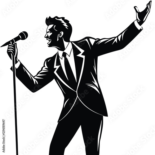 A black silhouette of a male singer passionately performing on stage, holding a microphone 