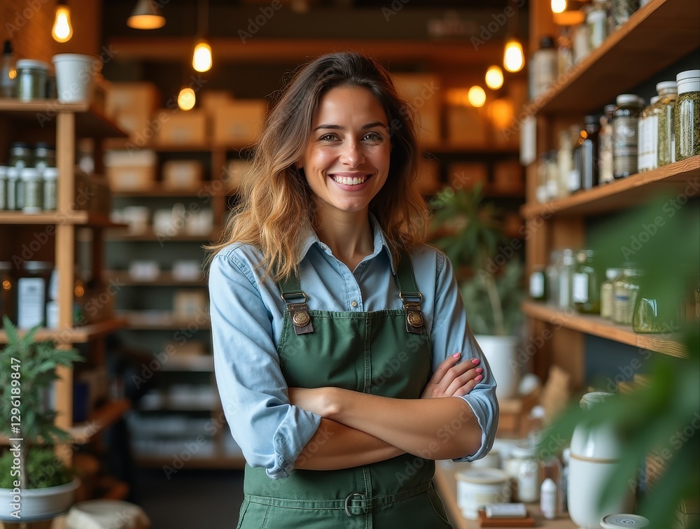 Smiling shop assistant working in cannabis store with arms crossed Smiling shop assistant working in cannabis store with arms crossed