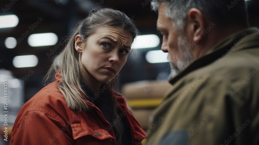 A weathered foreman, his brow furrowed in concentration, tended to a young, pale woman with a pained expression on her shoulder, the aftermath of a workplace accident in a bustling warehouse. A weathered foreman, his brow furrowed in concentration, tended to a young, pale woman with a pained expression on her shoulder, the aftermath of a workplace accident in a bustling warehouse.
