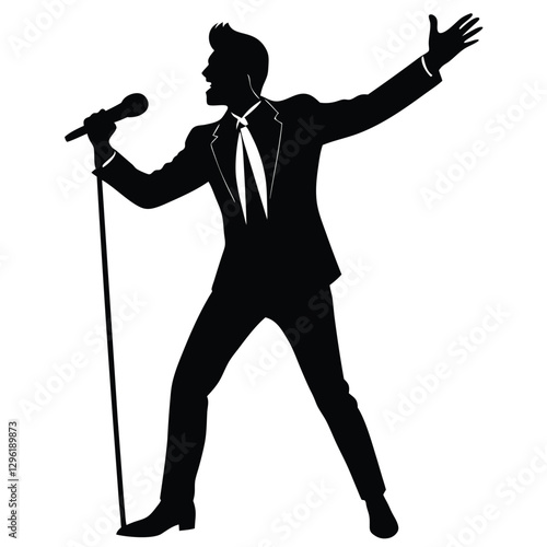 A black silhouette of a male singer passionately performing on stage, holding a microphone 