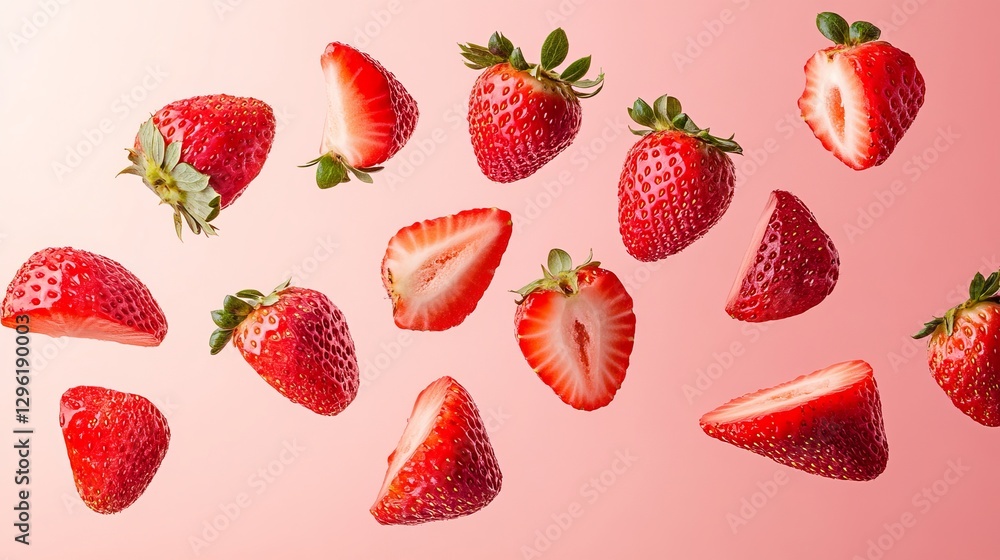 A composition of strawberries on a colored background Sliced strawberries with copy space Fresh natural strawberry isolated Flying strawberry slices A composition of strawberries on a colored background Sliced strawberries with copy space Fresh natural strawberry isolated Flying strawberry slices