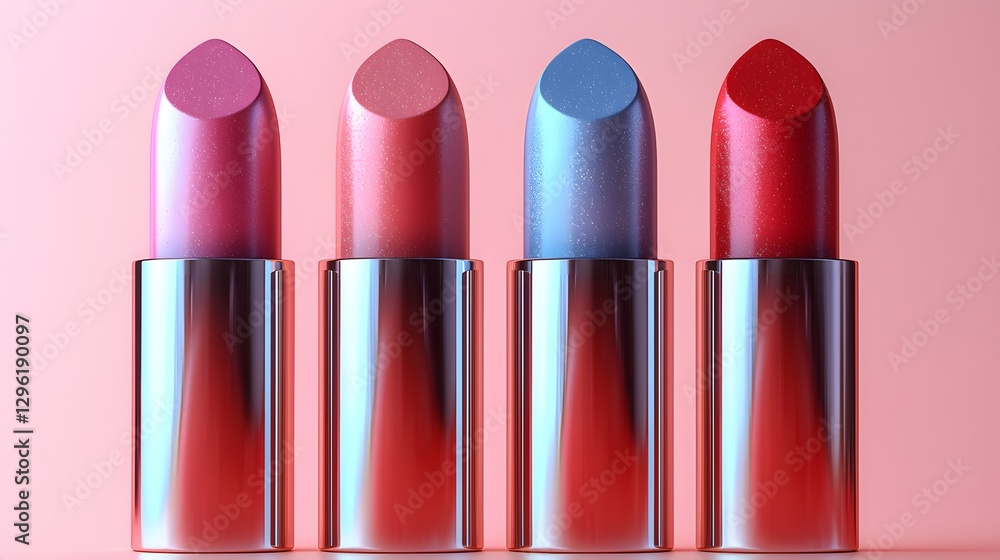 Fototapeta premium Four colorful lipsticks arranged in a row with a simple background