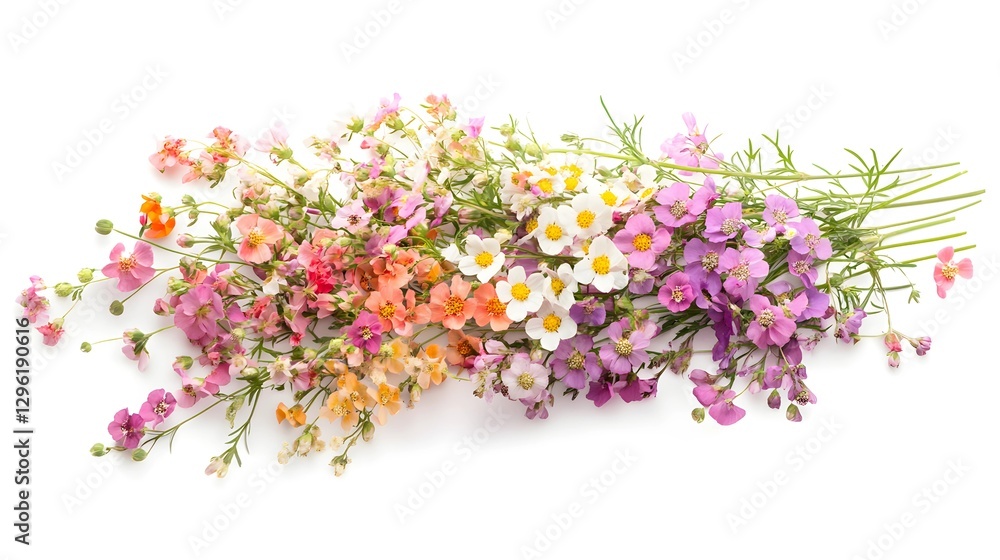Fototapeta premium Colorful Wildflower Bouquet on White BackgroundKeywords: wildflower bouquet, colorful flowers, floral arrangement, spring blossoms, fresh flowers, botanical composition, pink flowers, orange flowers