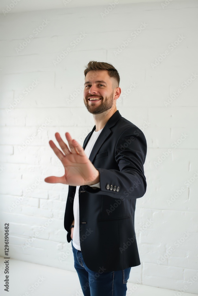 Smiling businessman making stop gesture in studio with white brick wall Smiling businessman making stop gesture in studio with white brick wall