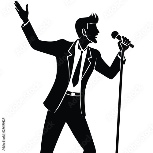 A black silhouette of a male singer passionately performing on stage, holding a microphone 