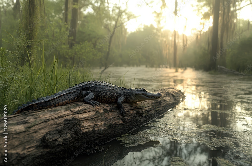 Serene Sunset Over Swamp with Alligator Resting on Log Among Lush Greenery and Reflecting Water in a Tranquil Wetland Environment Serene Sunset Over Swamp with Alligator Resting on Log Among Lush Greenery and Reflecting Water in a Tranquil Wetland Environment