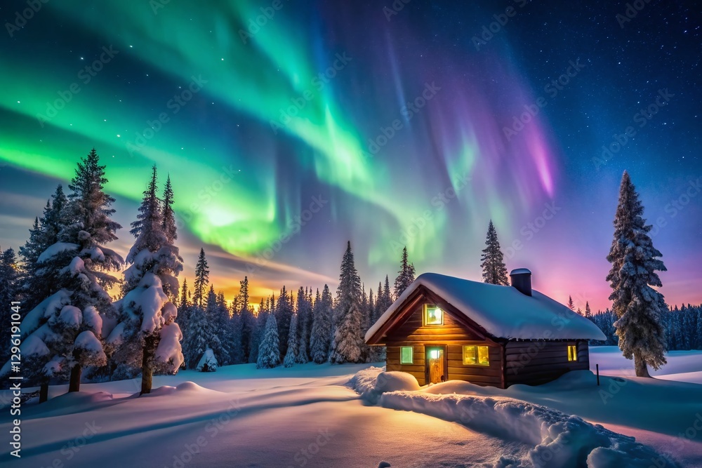 Fototapeta premium Cozy Cabin Northern Lights Minimalist Whimsical Landscape Stock Photo