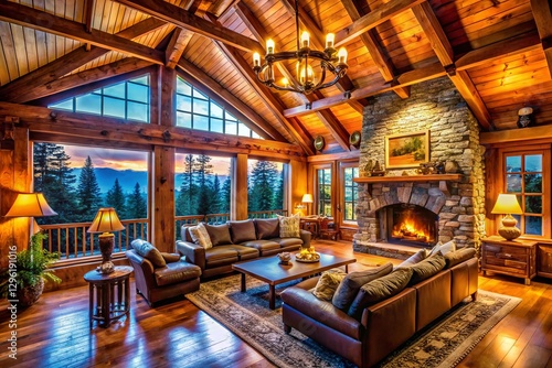 Wallpaper Mural Cozy Cabin Interior: Drone View of Rustic Living Room with Fireplace Torontodigital.ca