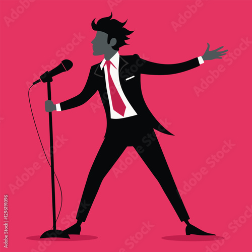 A black silhouette of a male singer passionately performing on stage, holding a microphone 