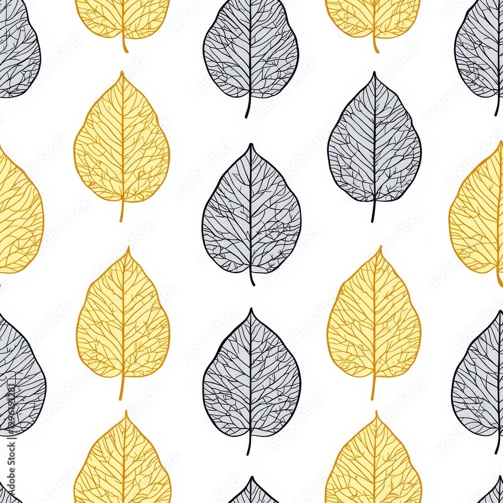 Stylized leaves in black and yellow pattern on a white background for decorative use. Stylized leaves in black and yellow pattern on a white background for decorative use.