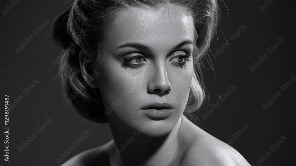 Fototapeta premium Monochrome close-up portrait of a young woman with elegant lighting, suitable for fashion editorials, artistic photography collections, beauty campaigns, magazines, classic portrait portfolios, ads