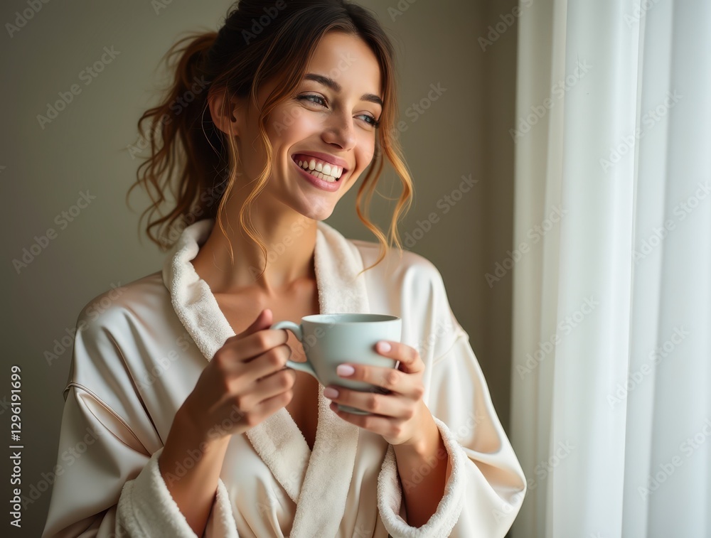 Smiling Woman Enjoying Morning Coffee by the Window in Bathrobe Smiling Woman Enjoying Morning Coffee by the Window in Bathrobe
