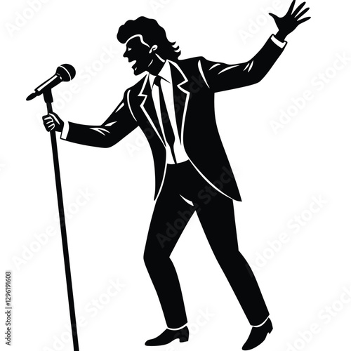 A black silhouette of a male singer passionately performing on stage, holding a microphone 
