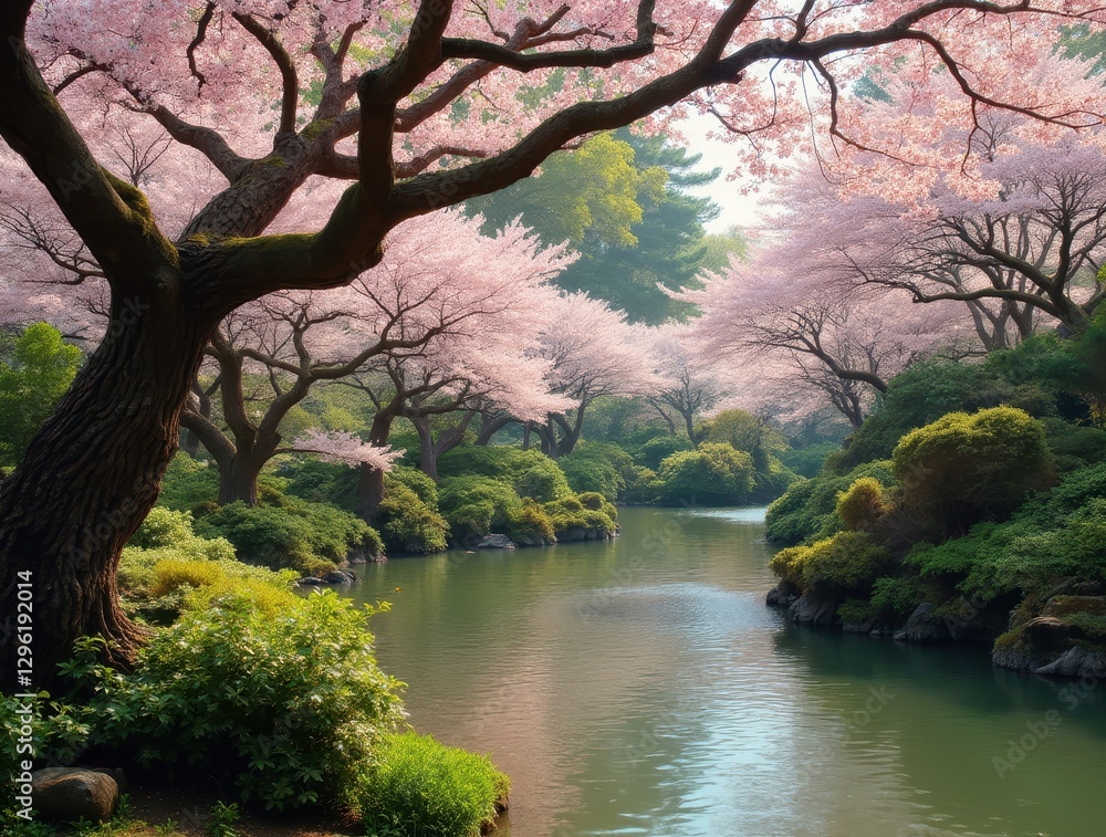 Serene japanese garden with blooming cherry blossoms Serene japanese garden with blooming cherry blossoms
