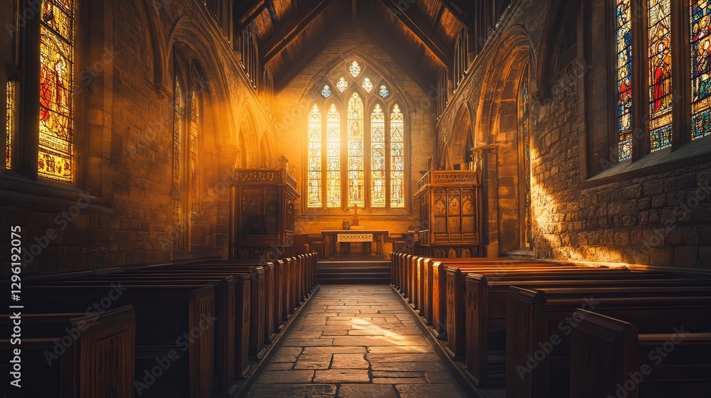 Fototapeta premium A serene interior of a church bathed in sunlight. The ambiance is peaceful and uplifting. Stained glass windows add color to the scene. Generative AI