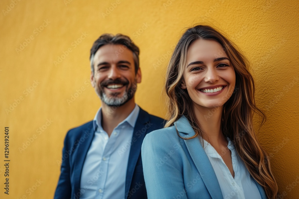 Full body portrait of a young smiling business couple dressed in suits. Studio shot against a vivid color background. Full body portrait of a young smiling business couple dressed in suits. Studio shot against a vivid color background.