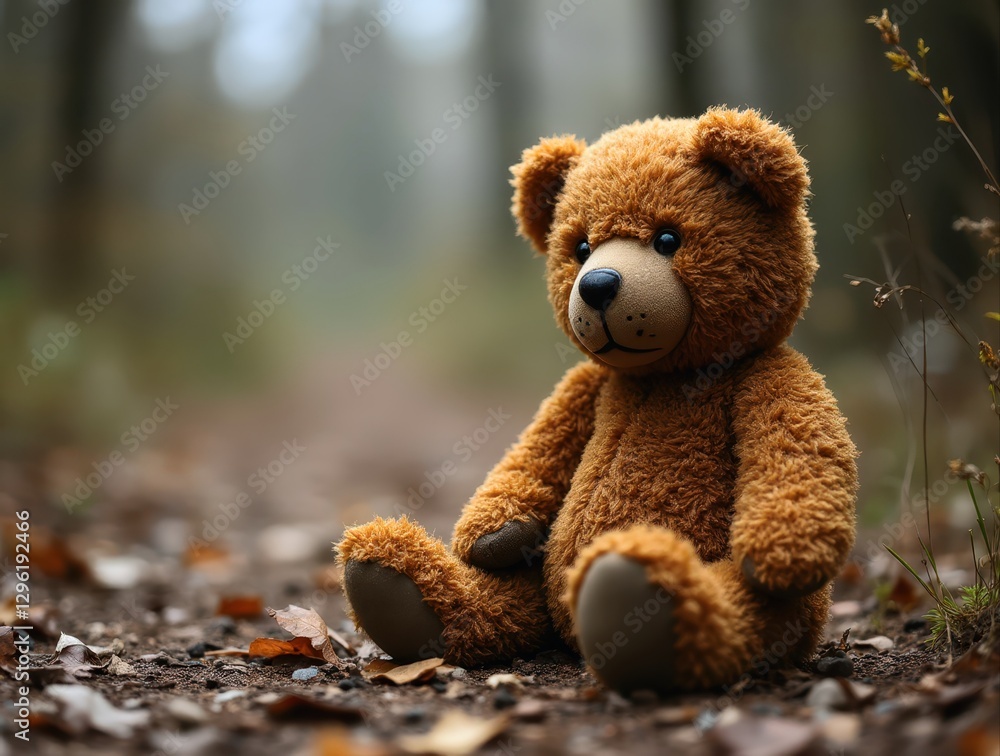 Teddy bear sitting alone in the woods feeling lost and abandoned Teddy bear sitting alone in the woods feeling lost and abandoned