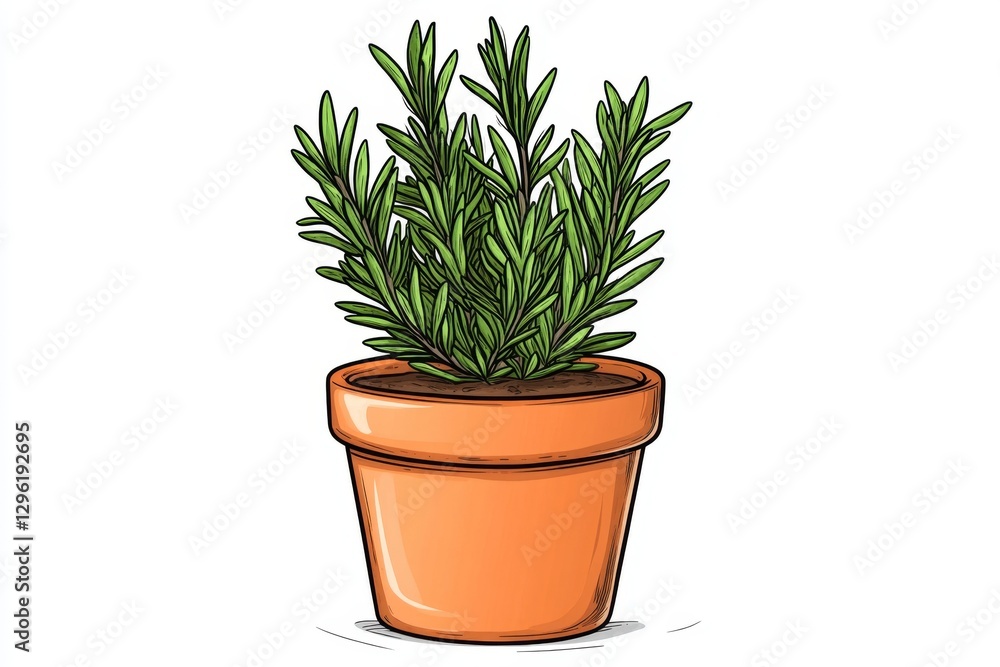 a 2D cartoon illustration of a potted rosemary plant, fresh and fragrant, white background a 2D cartoon illustration of a potted rosemary plant, fresh and fragrant, white background