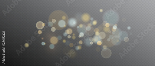 Vector gold sparkle, dust, Bokeh, glitter particles background effect. Glowing light effect with glitter on transparent background