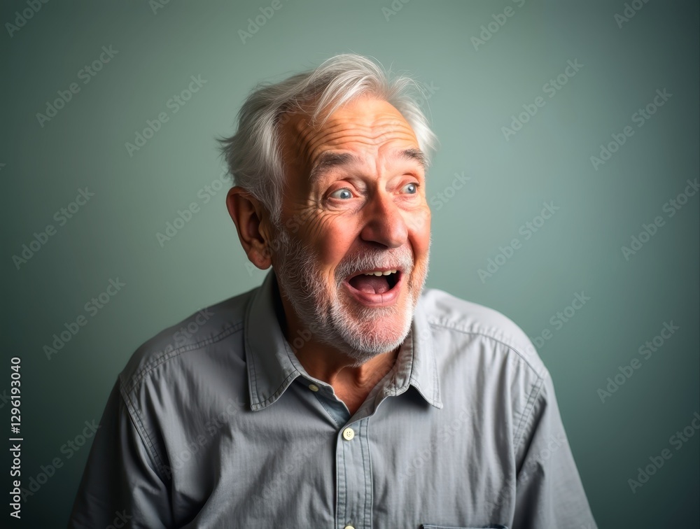 Obraz premium Expressive senior man making funny faces on gradient background