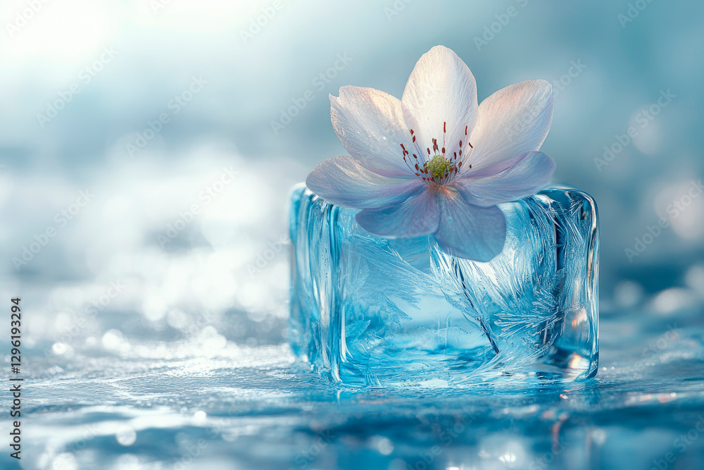 Frozen flower inside clear ice cube on natural winter background. Frozen flower inside clear ice cube on natural winter background.
