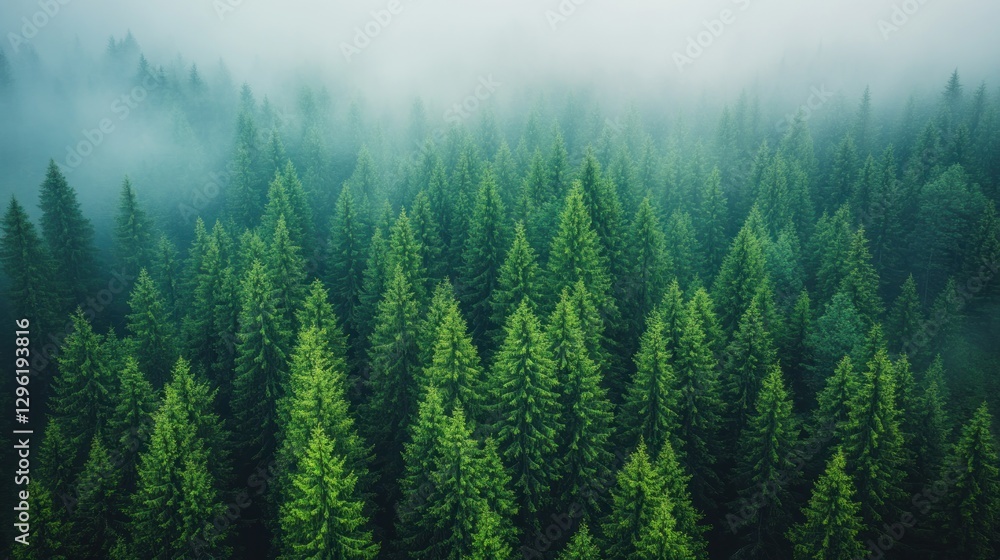 Fototapeta premium Misty mountain evergreen forest aerial view