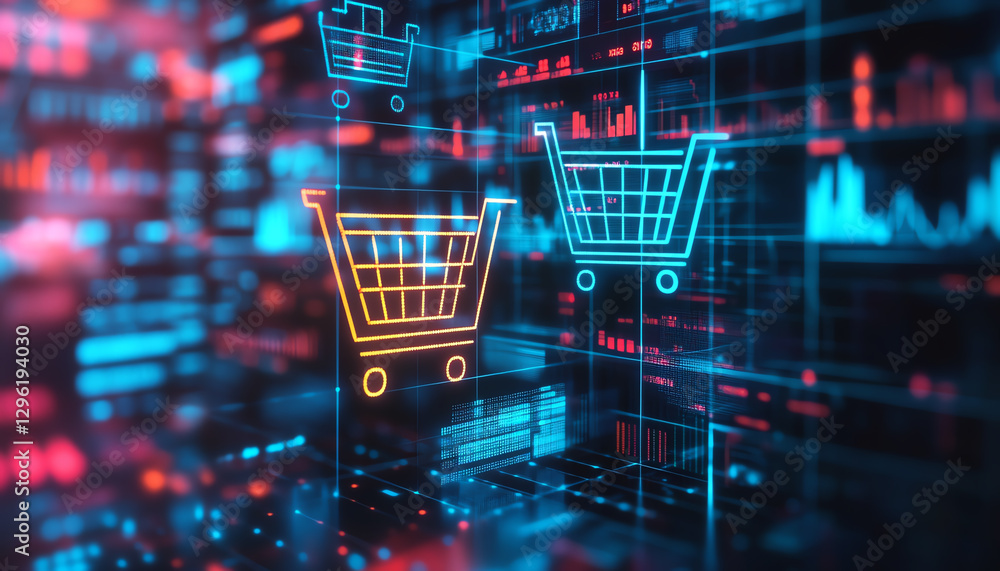 Abstract digital shopping cart icons on a vibrant data background, representing online commerce and technology innovation. Abstract digital shopping cart icons on a vibrant data background, representing online commerce and technology innovation.