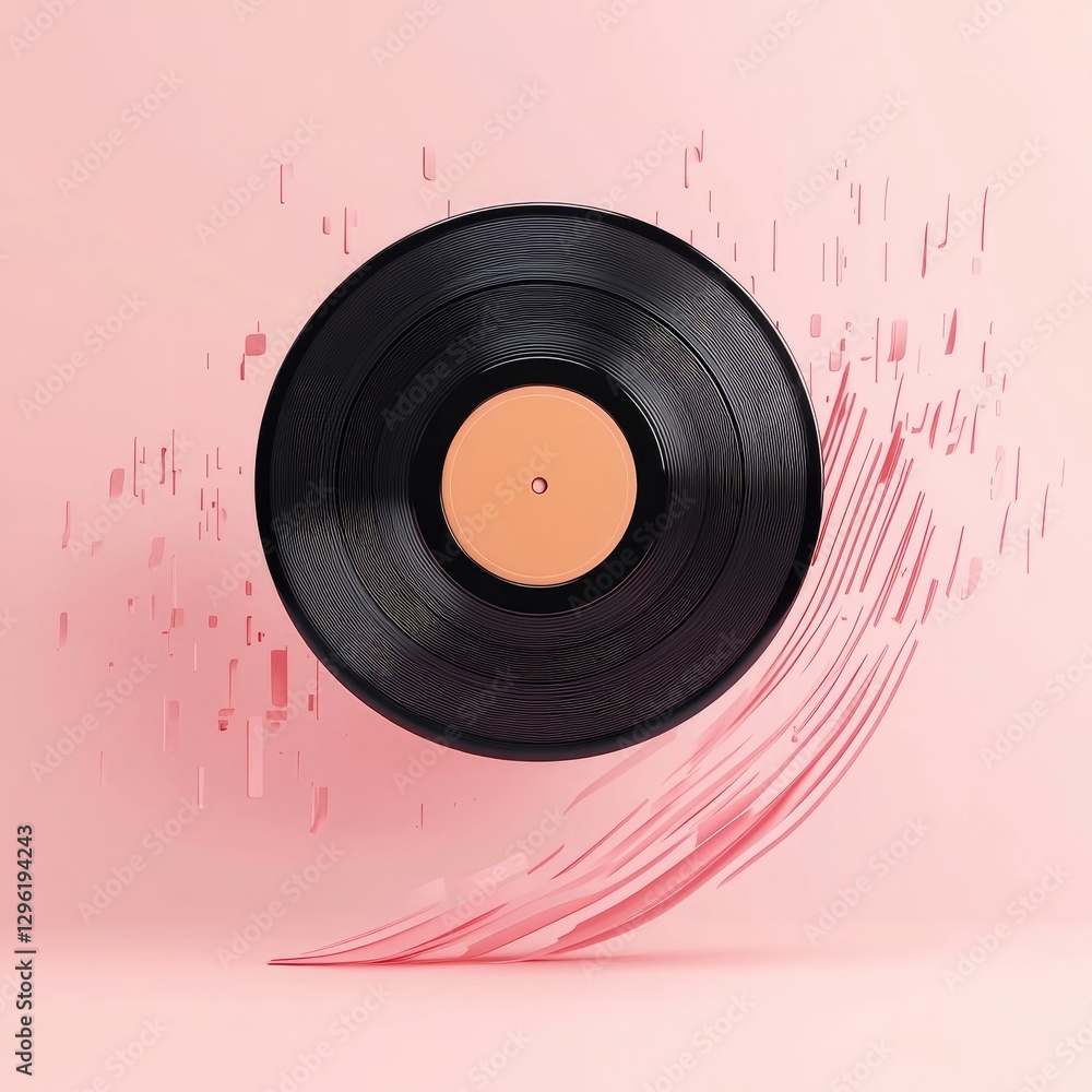 Obraz premium A black vinyl record appears to float over a pink backdrop