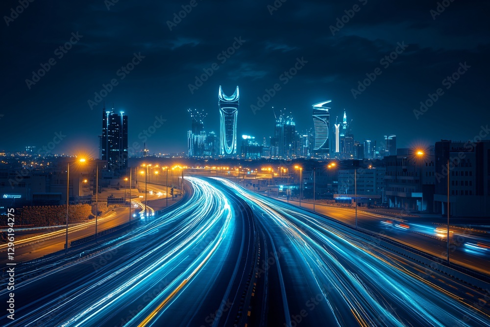 Night cityscape with towering skyscrapers and streaks of light from moving traffic, captured with long exposure. Perfect backdrop for automotive advertisements and urban development themes. Night cityscape with towering skyscrapers and streaks of light from moving traffic, captured with long exposure. Perfect backdrop for automotive advertisements and urban development themes.