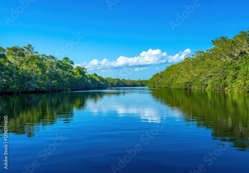 Serene View of Tranquil River Surrounded by Lush Greenery and Blue Sky with Fluffy White Clouds Reflecting in Calm Waters