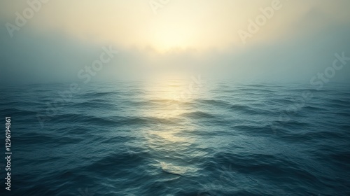 Misty ocean sunrise, calm waves, fog, sea