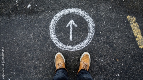 A circle of comfort, drawn with chalky feet, encircles a figure. From the center, an arrow, chalky white, points outward towards the asphalt, symbolizing the courage to step beyond the familiar and