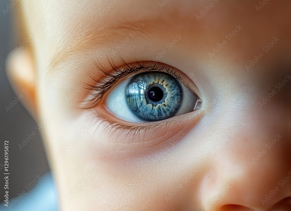 Naklejka premium A close-up of the blue eye and white iris of an adorable baby boy, reflecting his pure joy. The focus is on the face or eyes, using macro photography and natural light. 