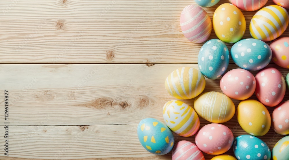 Fototapeta premium Colorful hand-decorated Easter eggs in pastel hues of pink, blue, yellow, and green, clustered on a rustic wooden surface. Intricate patterns and soft diffused lighting create a warm, celebratory spri