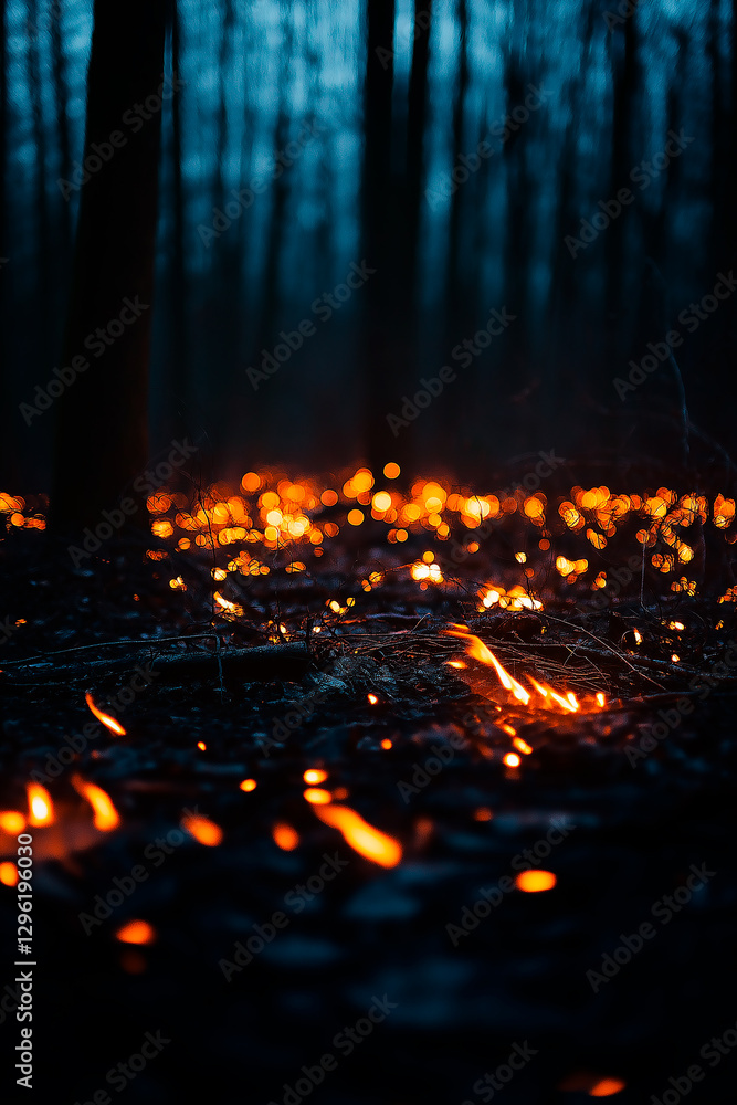 A cozy campfire scene in a dense forest clearing, Camping gear arranged for evening relaxation, Forest campfire style A cozy campfire scene in a dense forest clearing, Camping gear arranged for evening relaxation, Forest campfire style