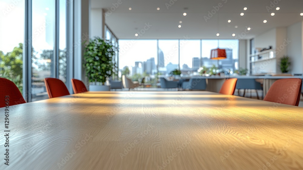 Fototapeta premium Modern office, city view, meeting table, sunlight