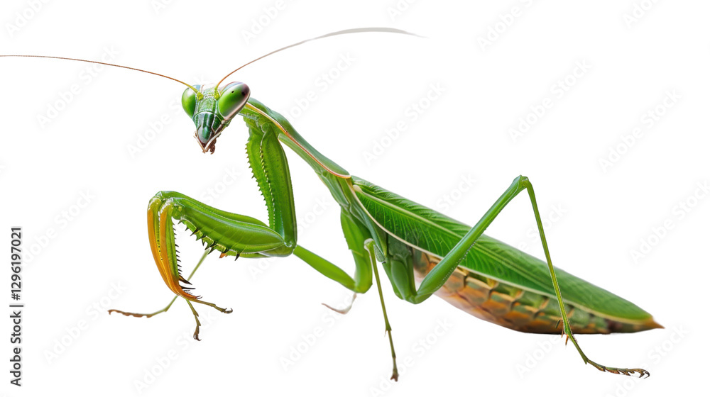 Praying mantis isolated on transparent background, showing its green body and long legs Praying mantis isolated on transparent background, showing its green body and long legs