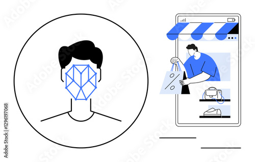 Geometric facial recognition outline on a persons face beside a mobile shopping screen with a shopper and products. Ideal for e-commerce, data security, AI technology, user verification, mobile