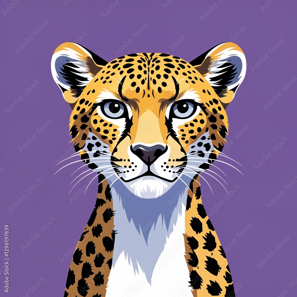 Naklejka premium cheetah head on plain purple background childish style illustration