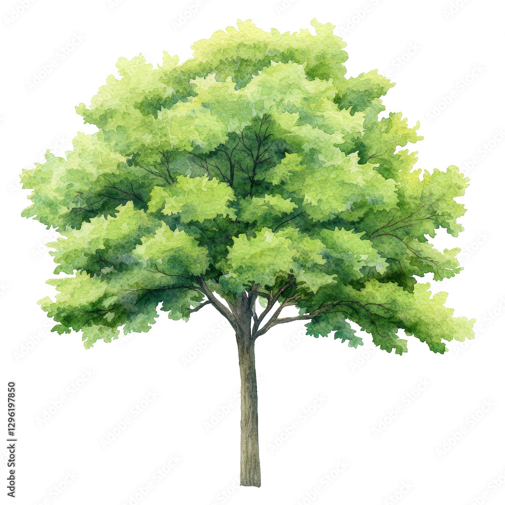 Fototapeta premium Watercolor illustration of a lush green tree with thick foliage and sturdy trunk. Detailed painting captures the beauty of nature in a vibrant artistic style. Isolated on transparent background, png.