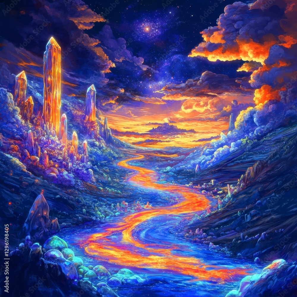 Fototapeta premium Vibrant Fantasy Landscape with Colorful Crystals and Flowing River
