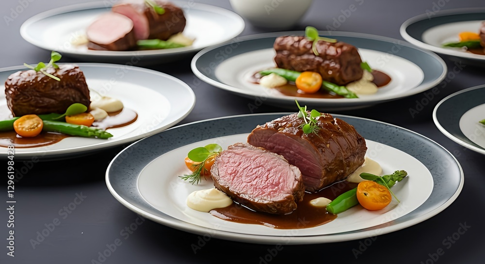 An Easter dish, roasted Easter lamb, artfully carved and presented on individual plates with decorations. Served with a delicate sauce and fresh spring vegetables. An Easter dish, roasted Easter lamb, artfully carved and presented on individual plates with decorations. Served with a delicate sauce and fresh spring vegetables.