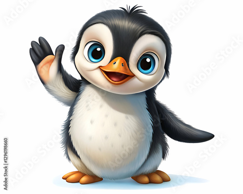 Cute Penguin Waving Hello. Adorable Cartoon Illustration
