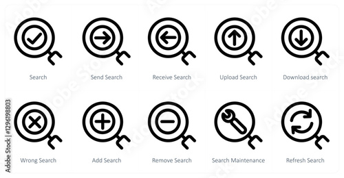 A set of 10 search icons as search, send search, receive search