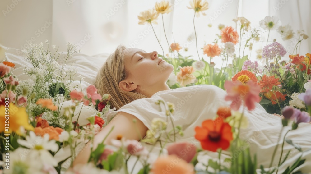 Rare illness patient surrounded by fresh flowers in a bright, airy room. Featuring healing and serenity