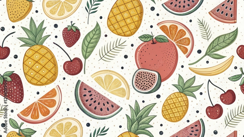 Vibrant Fruit Landscape: Dotted Line Illustrations, Nature Photography, Artistic Still Life