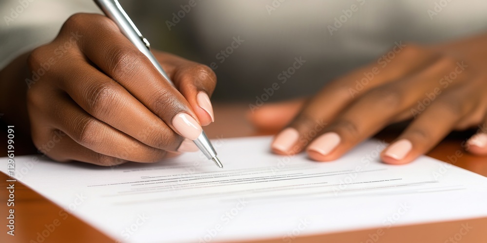 Close-up of woman's hands signing a contract with a silver pen on a wooden desk Close-up of woman's hands signing a contract with a silver pen on a wooden desk