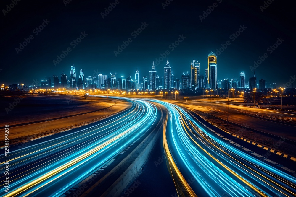 Obraz premium Night cityscape with towering skyscrapers and streaks of light from moving traffic, captured with long exposure. Perfect backdrop for automotive advertisements and urban development themes.