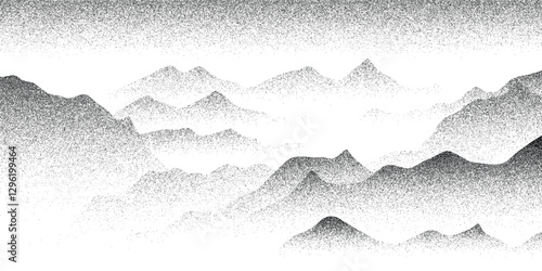 Mountain landscape, noisy stippled grainy texture, halftone dots, vector design