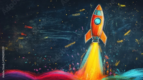 A vibrant chalk-drawn rocket, its engines blazing with a fiery trail, soared majestically upwards against the backdrop of a chalkboard, its journey into the unknown symbolized by the speed of its
